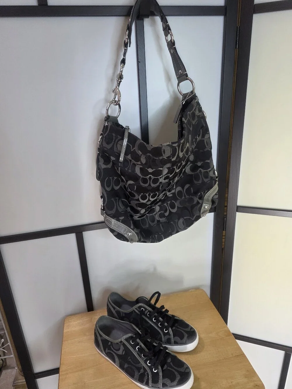 Coach Black & Gray Signature Hobo Bag  Metallic Accents & Coach Sneakers Size 11